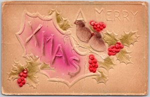 1913 A Merry Christmas Embossed Holy Leaf Cherry Bird Posted Postcard