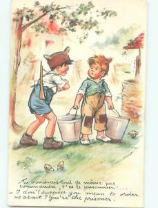 foreign Pre-1980 signed BOY CARRYING TWO PAILS AC6813