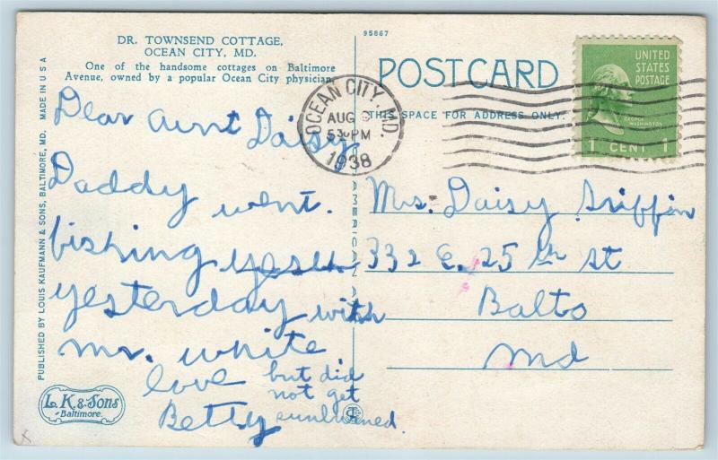 Postcard MD Ocean City Dr Townsend Cottage Residence on Baltimore Ave 1930s S7