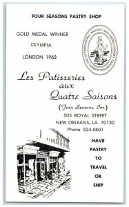 c1960's Four Seasons Pastry Shop Card New Orleans Louisiana LA Unposted Postcard