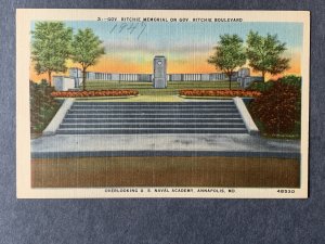 Gov. Ritchie Memorial U.S. Naval Academy Annapolis MD Linen Postcard H2087080902