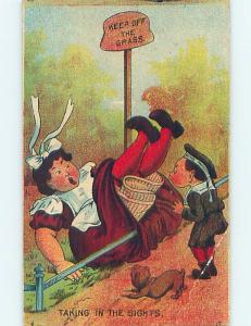 Bent Corner c1910 risque BOY SEES UP WOMAN'S SKIRT WHEN SHE FALLS DOWN HL2808