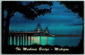 Night View Mackinac Bridge Mackinac Island Michigan MI UNP Chrome Postcard A11