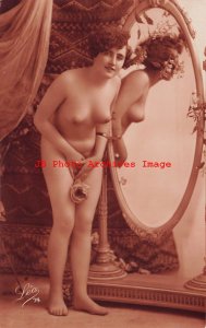 918747-Studio Shot, RPPC, Beautiful Risque Nude French Woman Leaning by Mirror