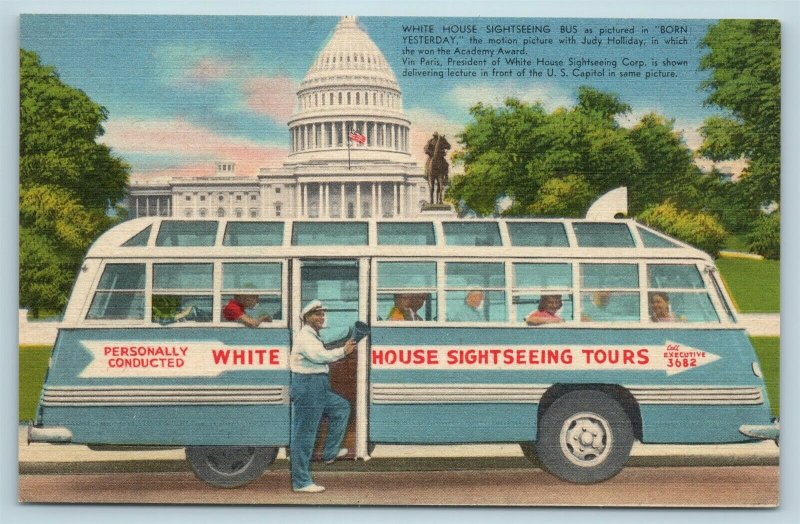 Postcard Washington DC White House Sightseeing Tour Bus c1940s AD9