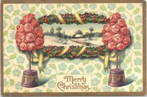 Merry Christmas Postcard Tree of Roses, Holly, Snowy Scene, Blue Flowers