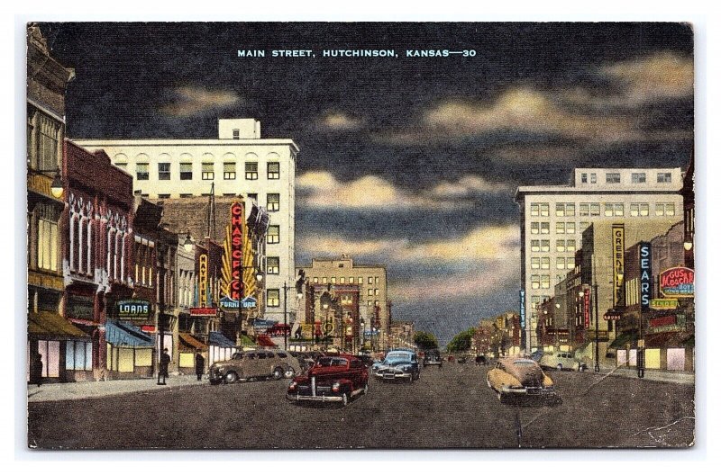 Postcard Main Street Hutchinson Kansas Old Cars Signs Storefronts