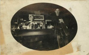 c1907 RPPC Postcard; Bar Room Scene 2 Men Alcohol Liquor Bottles, Unknown US