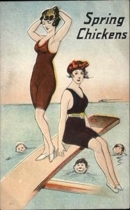 Bathing Beauty Sexy Women on Diving Board Spring Chickens c1910 Postcard