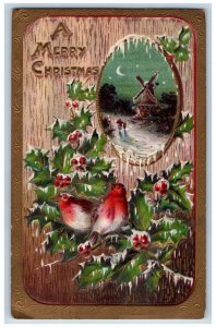 Christmas Postcard Song Birds Holly Berries Windmill Embossed Eagle MI 1912