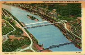 Aerial View Postcard Highland Park Bridge across Allegheny River Posted 1946