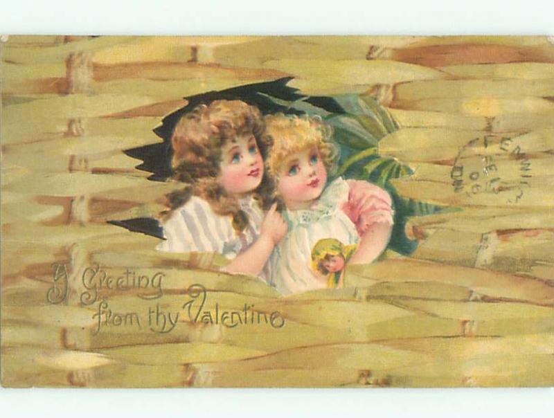 Pre-1907 valentine CUTE GIRL HOLDS DOLL WITH HER FRIEND k5442