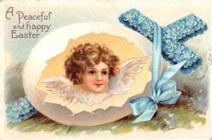 Happy Easter Holy Peaceful Children Angels In Eggs Pair Of Antique PCs K22908