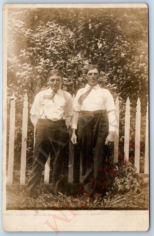 c1910s Two Handsome Short Gentlemen RPPC Men Outdoors in Suspenders Photo A174