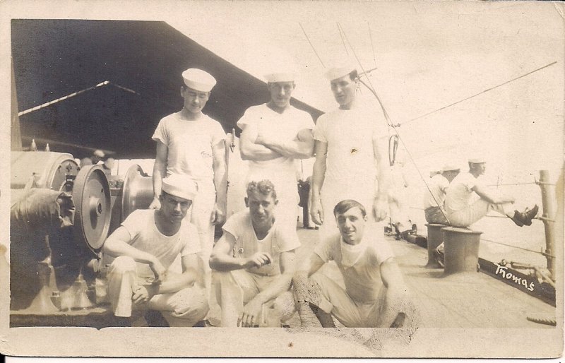 RPPC Sailors on Deck of US Navy Ship, WWI Era, USS Kearsage? Uniforms, 1918 AZO