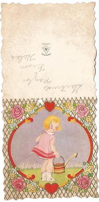 Valentine's Day Card Die Cut Little Girl Pink Roses Red Hearts