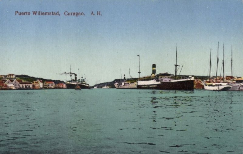 curacao, D.W.I., WILLEMSTAD, Puerto, Harbour with Steamers (1920s) Postcard