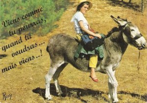 Lady on donkey. En Vacances Humorous modern French postcard