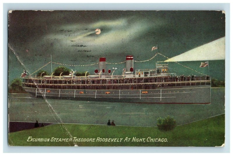 C.1910 Excursion Steamer Theodore Roosevelt At Night, Chicago Postcard f78 