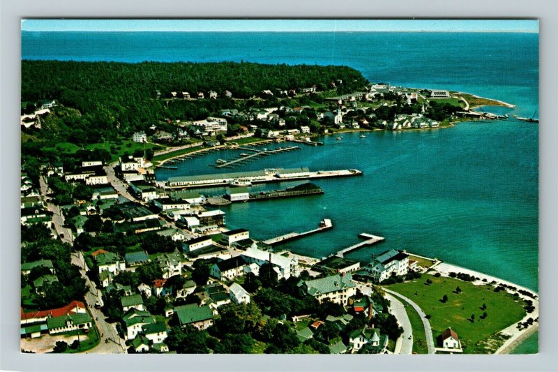 Mackinac Island MI-Michigan, Aerial View, Harbor Chrome Postcard