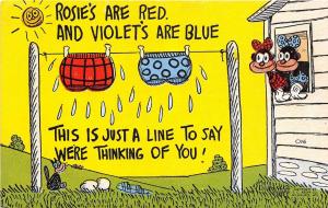 BLACK AMERICANA Postcard Linen ROSIES RED VIOETS BLUE CLothes Line 218