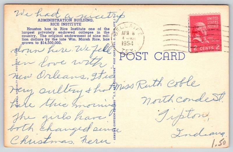 Houston Texas~Rice Inst Grounds~Admin~Physics Bldg~Collegiate~Linen 1954 PC