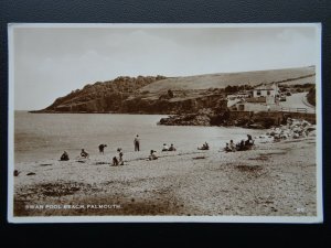 Cornwall FALMOUTH Swan Pool Beach showing CAFE c1950's RP Postcard