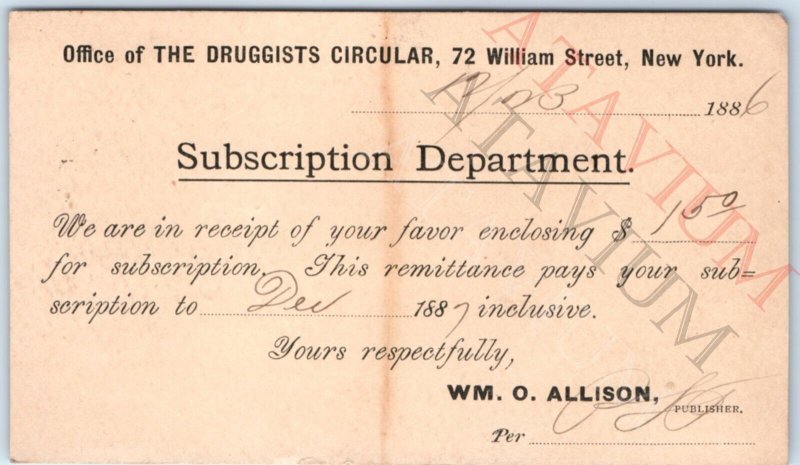 1886 NYC Druggists Circular Magazine Subscription Receipt Form PC Muscatine A157