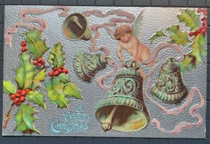 Vintage Victorian Postcard Merry Christmas - Silver Pebble with Angel