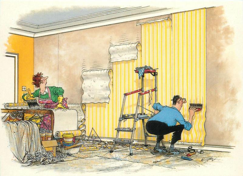 Humour signed Kimpton comic wall paper handyman postcard