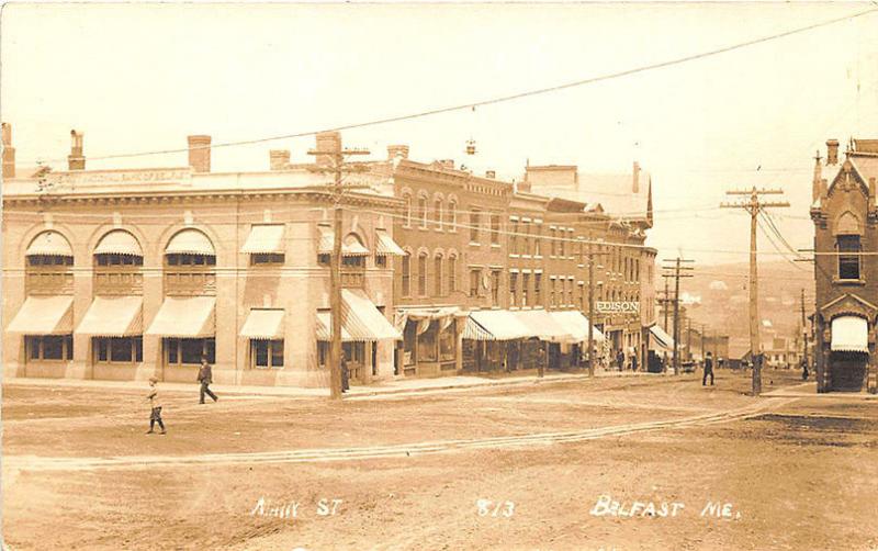 Belfast ME Main Street Store Fronts View RPPC Postcard