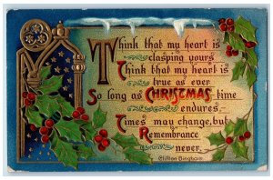 1911 Christmas Poem Clifton Bingham Holly Berries Embossed Antique Postcard