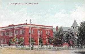 East Jordan Michigan~#4 High School~Bell Tower~Small Trees in Yard~c1910 Pc