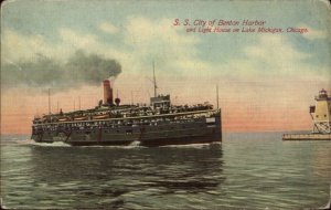 Great Lakes Steamer Boat SS City of Benton Harbor & Chicago Lighthouse PC