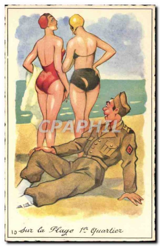 Old Postcard Fantasy Humor Army Soldier Beach