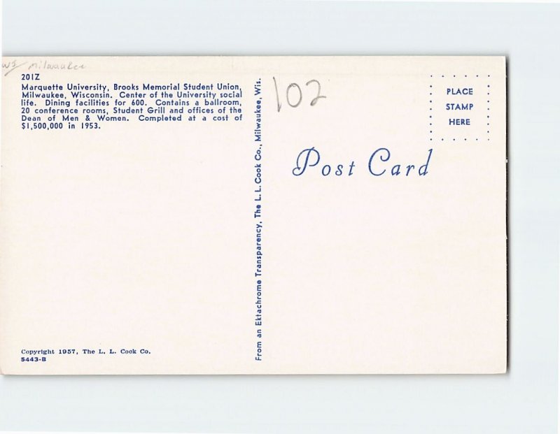 Postcard Brooks Memorial Student Union Marquette University Milwaukee Wisconsin