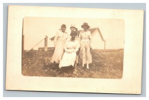 Vintage 1900's RPPC Postcard Women in Farm Fields Home in Background