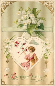 Winsch Schmucker Valentines Day Embossed Postcard Woman Catches Hearts With Net