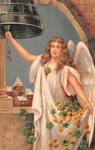 New Year Greetings Angel Ringing Bell Gold and Clovers Vintage Postcard AA41881