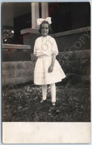 ID'd 1915 Cute Girl Portrait RPPC Maud Hubler Young Kid in Dress Real Photo A156