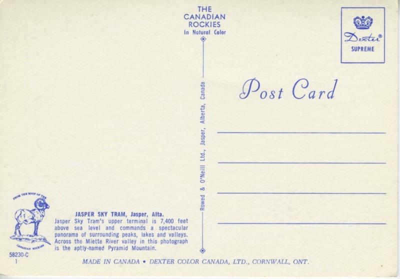 Sky Tram, Jasper, Alberta, AB. Canada Postcard