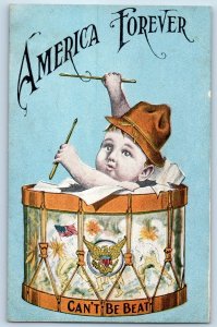 c1910's America Forever Little Boy In Drummer Can't Be Beat Antique Postcard