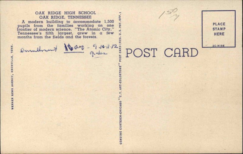 Oak Ridge Tennessee TN High School Grounds 1930s-50s Vintage Postcard