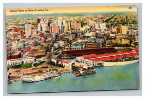 Vintage 1930's Linen Postcard Aerial View New Orleans Louisiana Boats Harbor