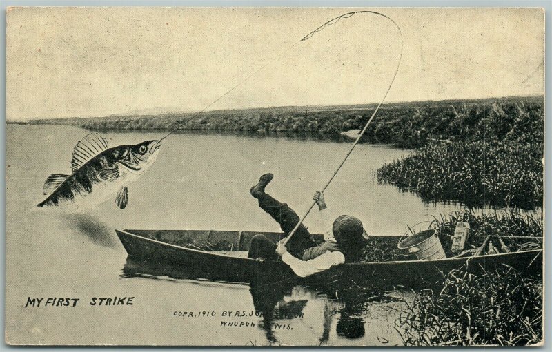 WAUPUN WI FISHING EXAGGERATED 1911 ANTIQUE POSTCARD 