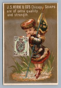 RUSSIAN STAMP & FLAG ANTIQUE VICTORIAN TRADE CARD J.S.KIRK SOAPS ADVERTISING