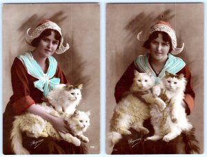 1910's RPPC SET/2 WHITE FLUFFY CATS DUTCH GIRL HAND COLORED REGINA POSTCARD