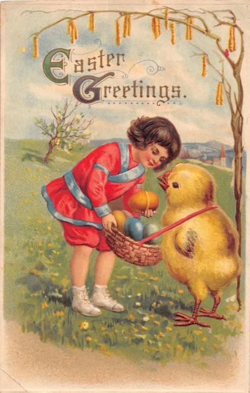 EASTER GREETINGS POSTCARD 1910s~GIRL PUTS COLORFUL EGGS IN BASKET HELD BY CHICK