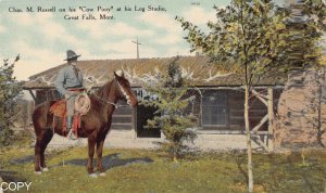 CM Russell +Horse at his Mont house postcard BA121