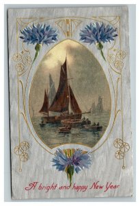 Vintage 1910's Winsch Back New Year's Postcard Sailboats Purple Flowers